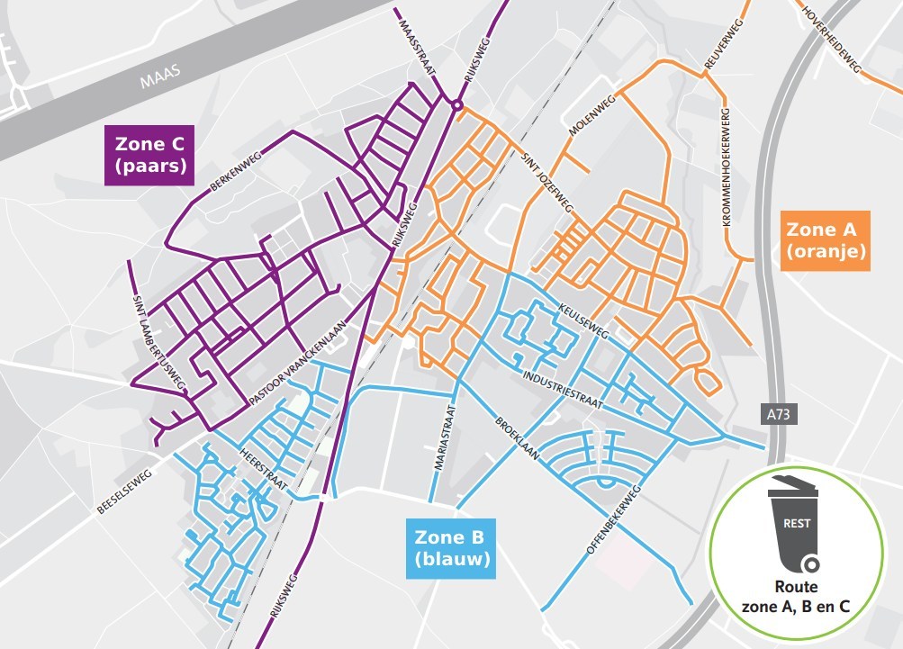 Verdeling zones A, B en C voor restafval ophalen door PreZero